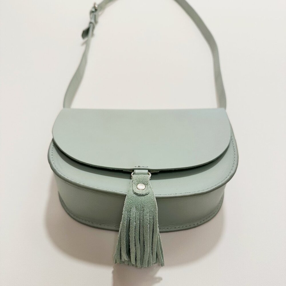 Zara Genuine Leather Sage Blue Green Saddle Bag Crossbody w/ Adjustable strap